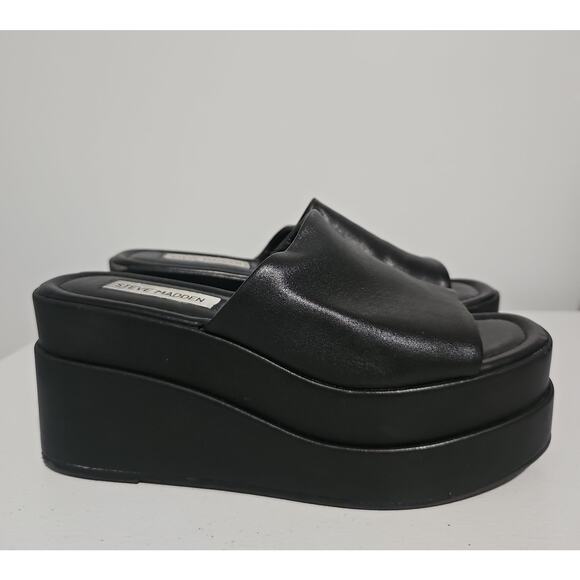 Steve Madden Black Platform Wedge Sandal Womens 7 Slip On Square Toe - Picture 2 of 15